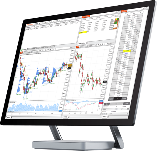 NinjaTrader Prop workspace shown on a desktop monitor with charts, account data, and order entry tools.