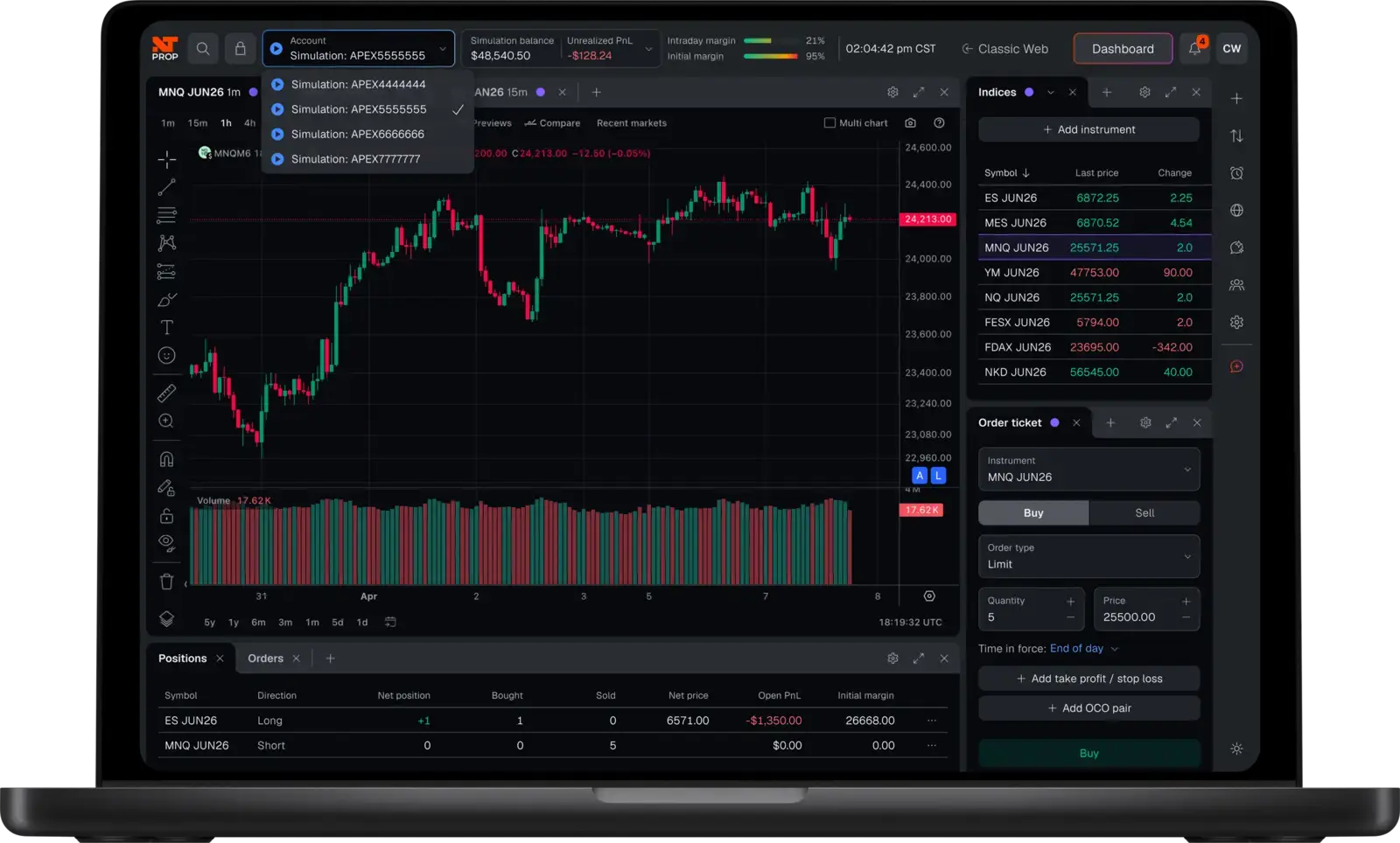 NinjaTrader Prop trading interface on a laptop