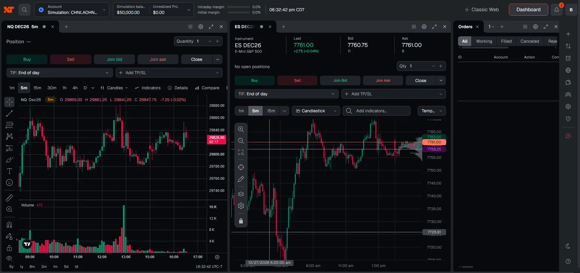 NinjaTrader Web showing Classic Chart alongside the TradingView option