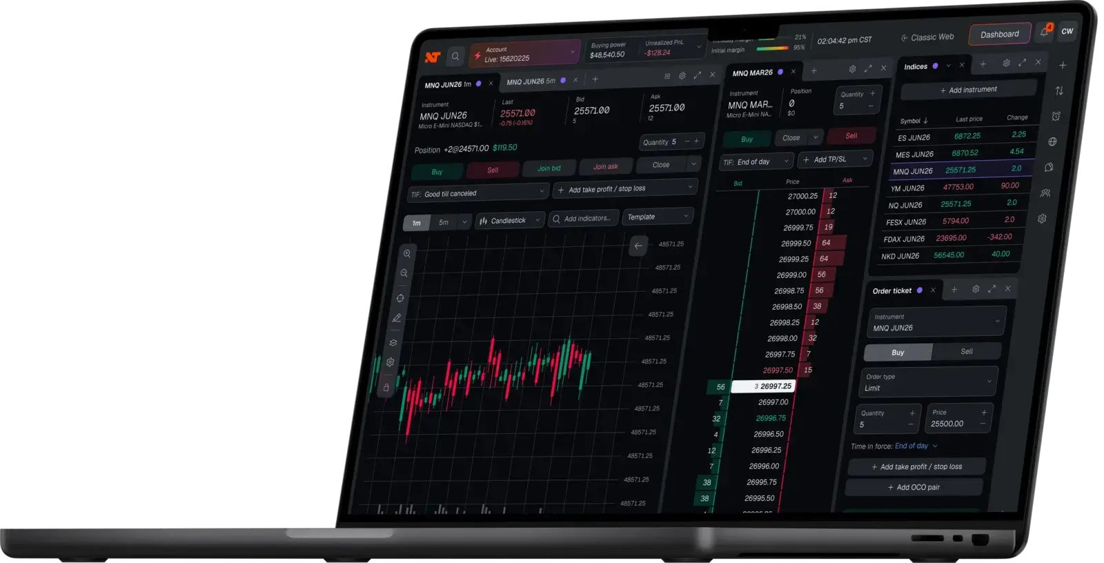 The new NinjaTrader Web interface on a laptop.
